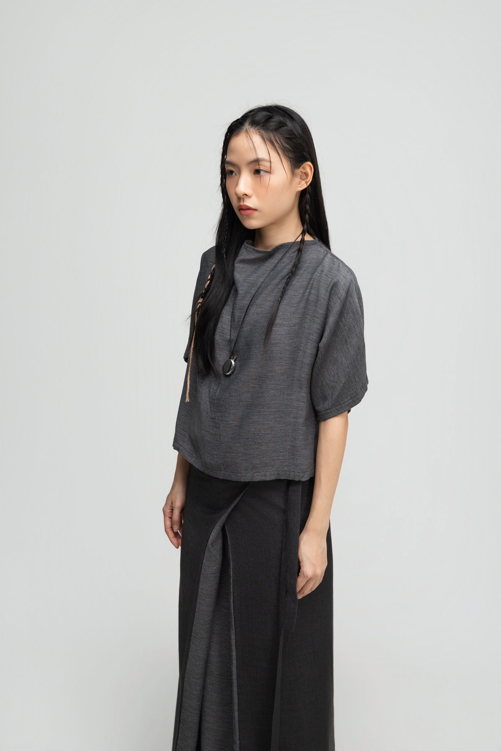 Semi High Neck Short Sleeve Crop Top (Midnight Grey)