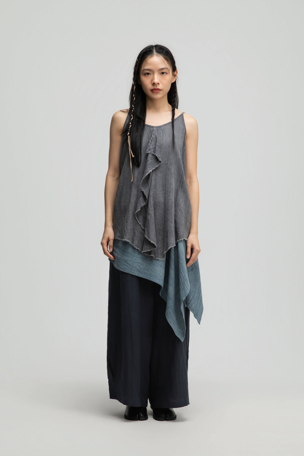Front Drape Raw Hem Cami Top (Tie Dye Grey)