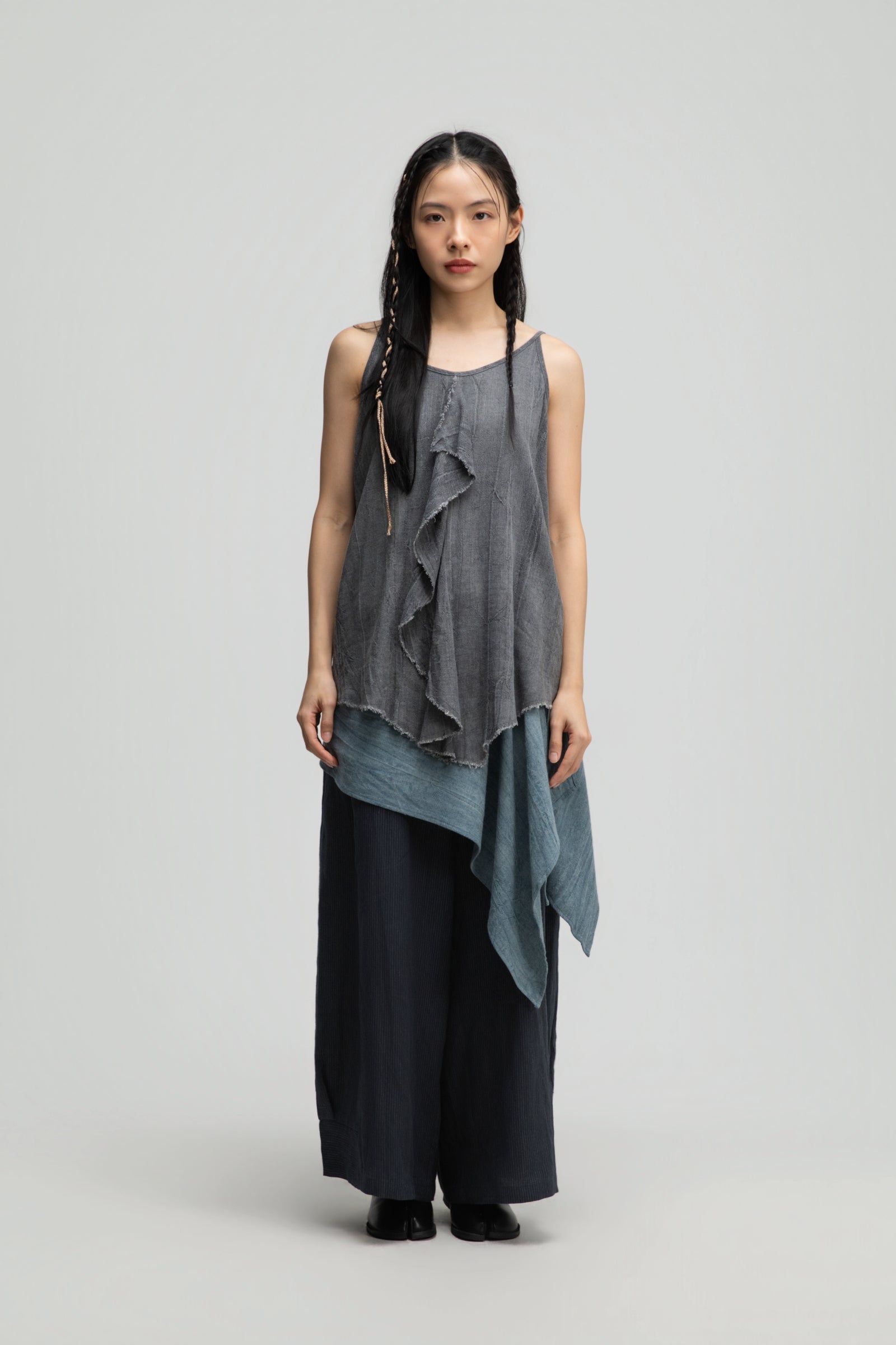 Front Drape Raw Hemp Cami Top (Tie Dye Grey)
