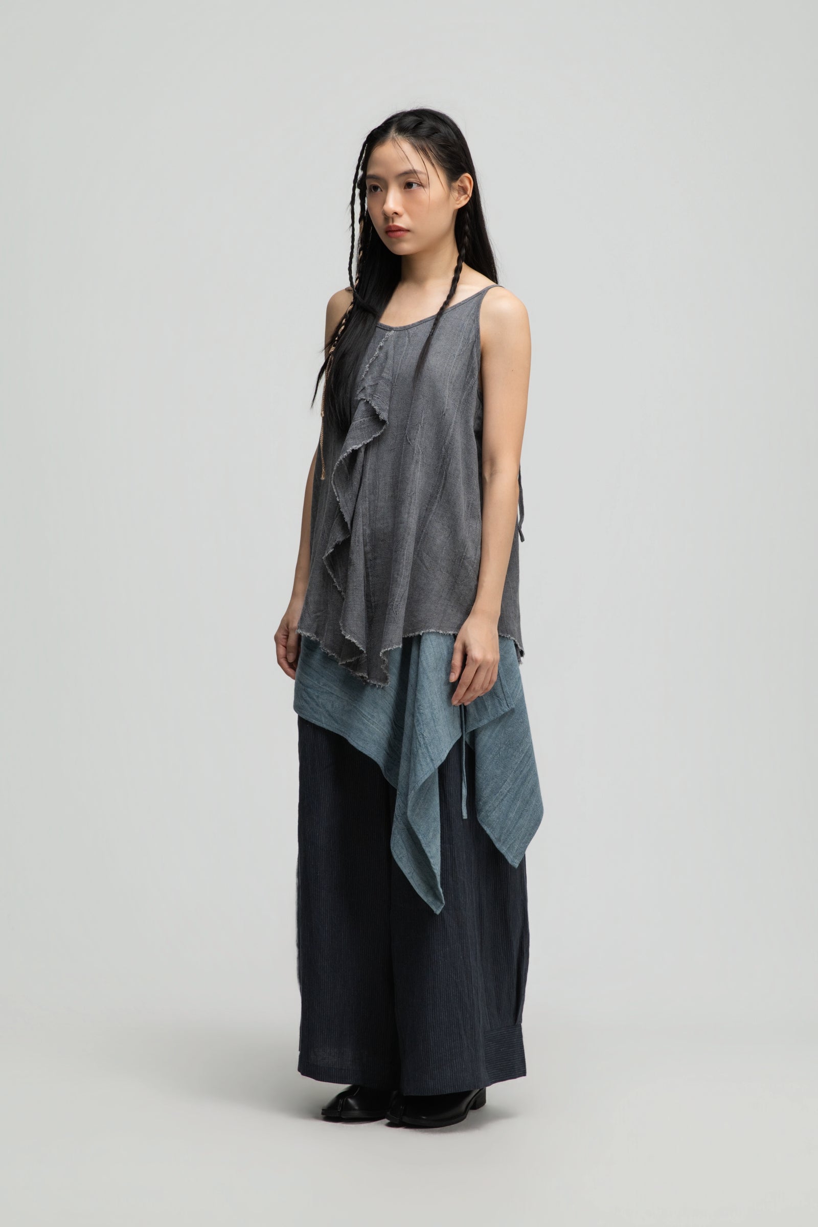 Front Drape Raw Hemp Cami Top (Tie Dye Grey)