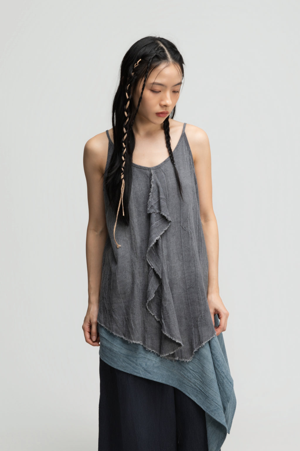 Front Drape Raw Hem Cami Top (Tie Dye Grey)