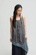 Front Drape Raw Hem Cami Top (Tie Dye Grey)