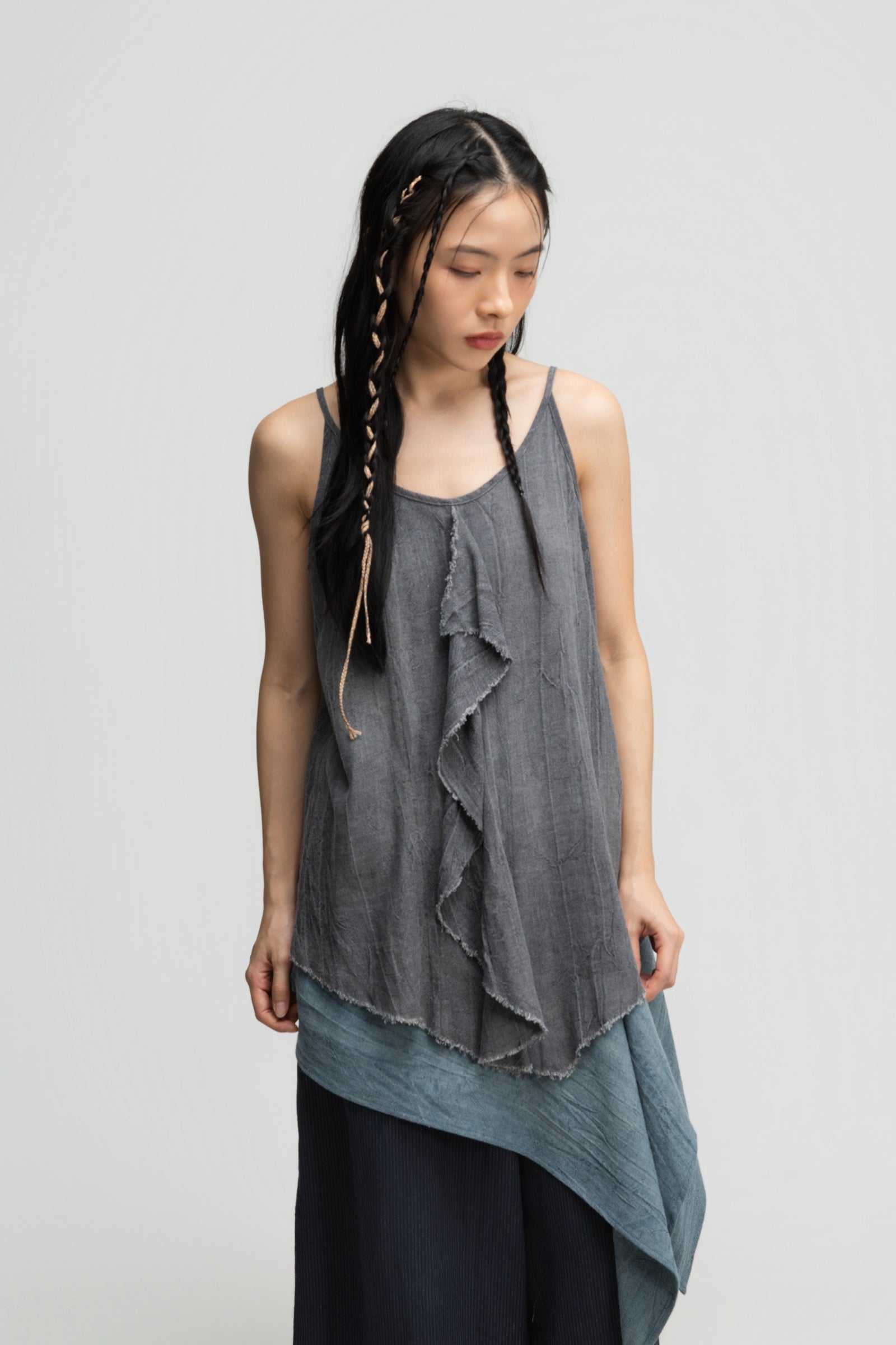 Front Drape Raw Hemp Cami Top (Tie Dye Grey)