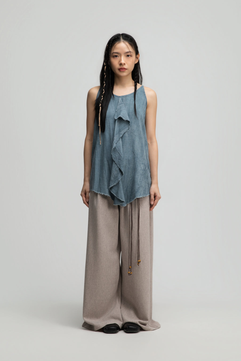 Straight Wide Trousers w/ Beaded Belt (Dark Beige)