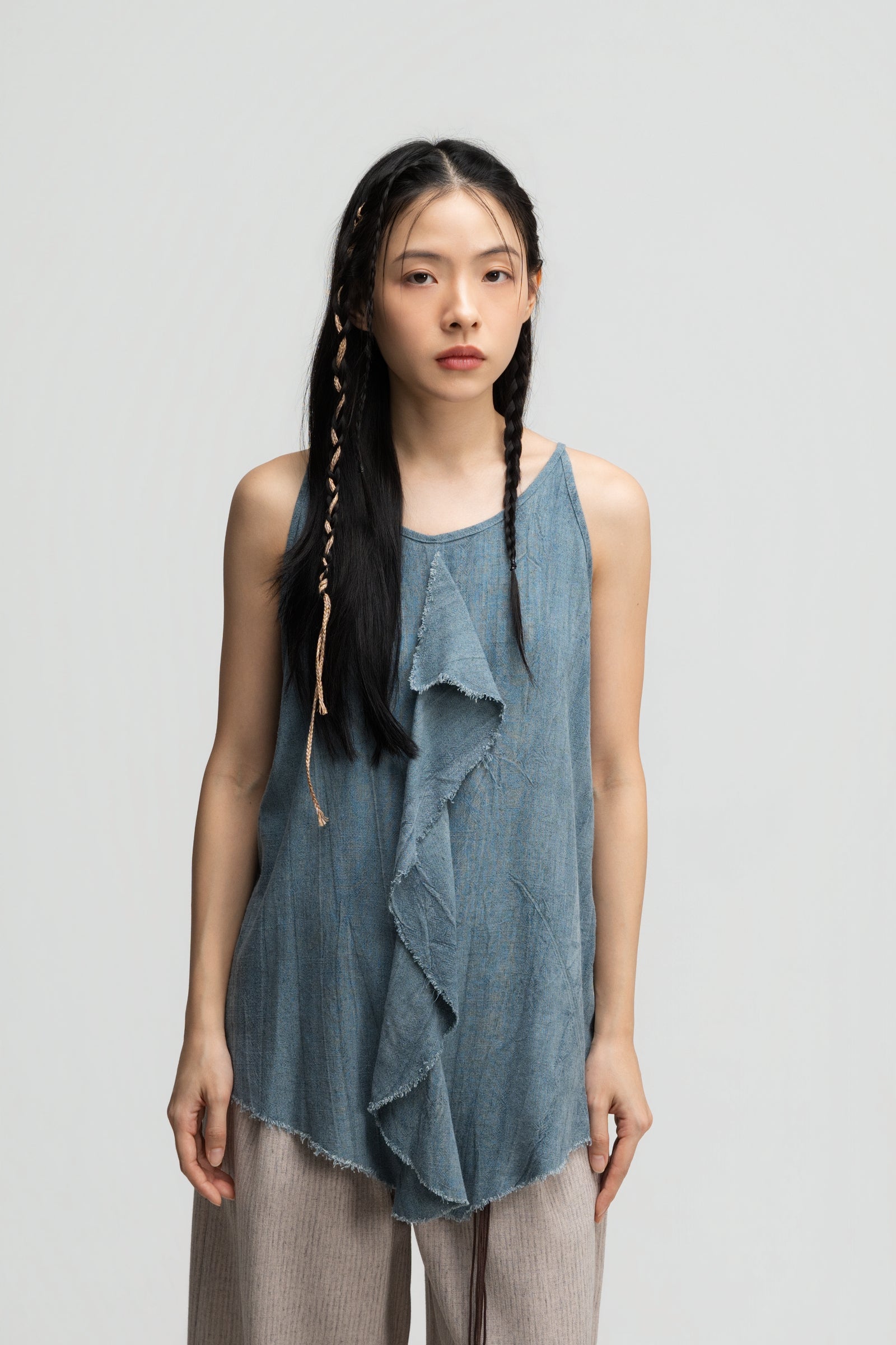 Front Drape Raw Hemp Cami Top (Tie Dye Teal)