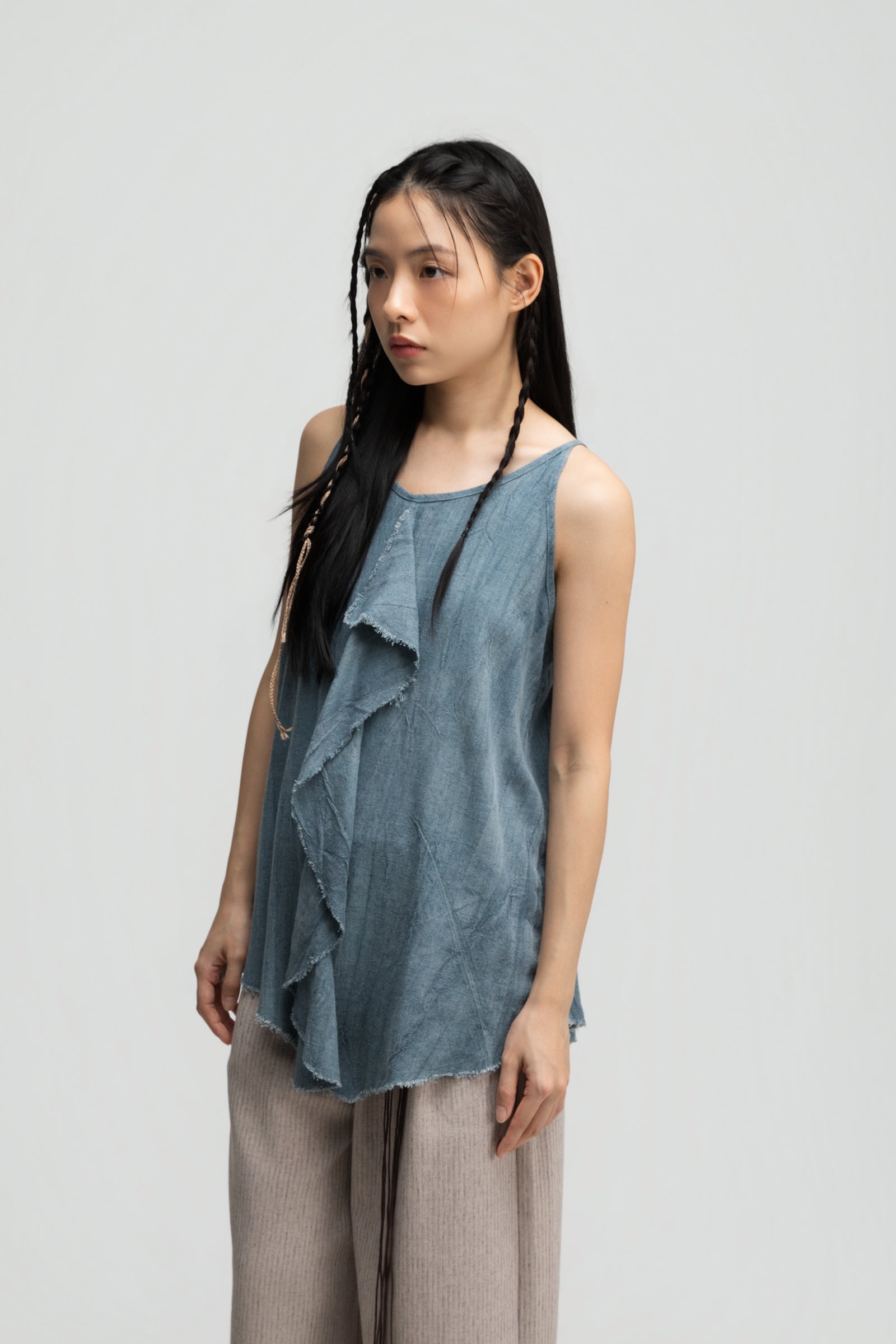 Front Drape Raw Hemp Cami Top (Tie Dye Teal)