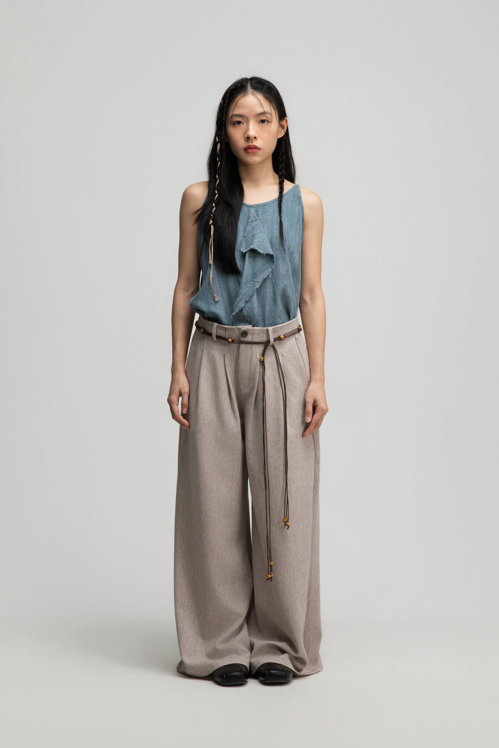 Straight Wide Trousers w/ Beaded Belt (Dark Beige)