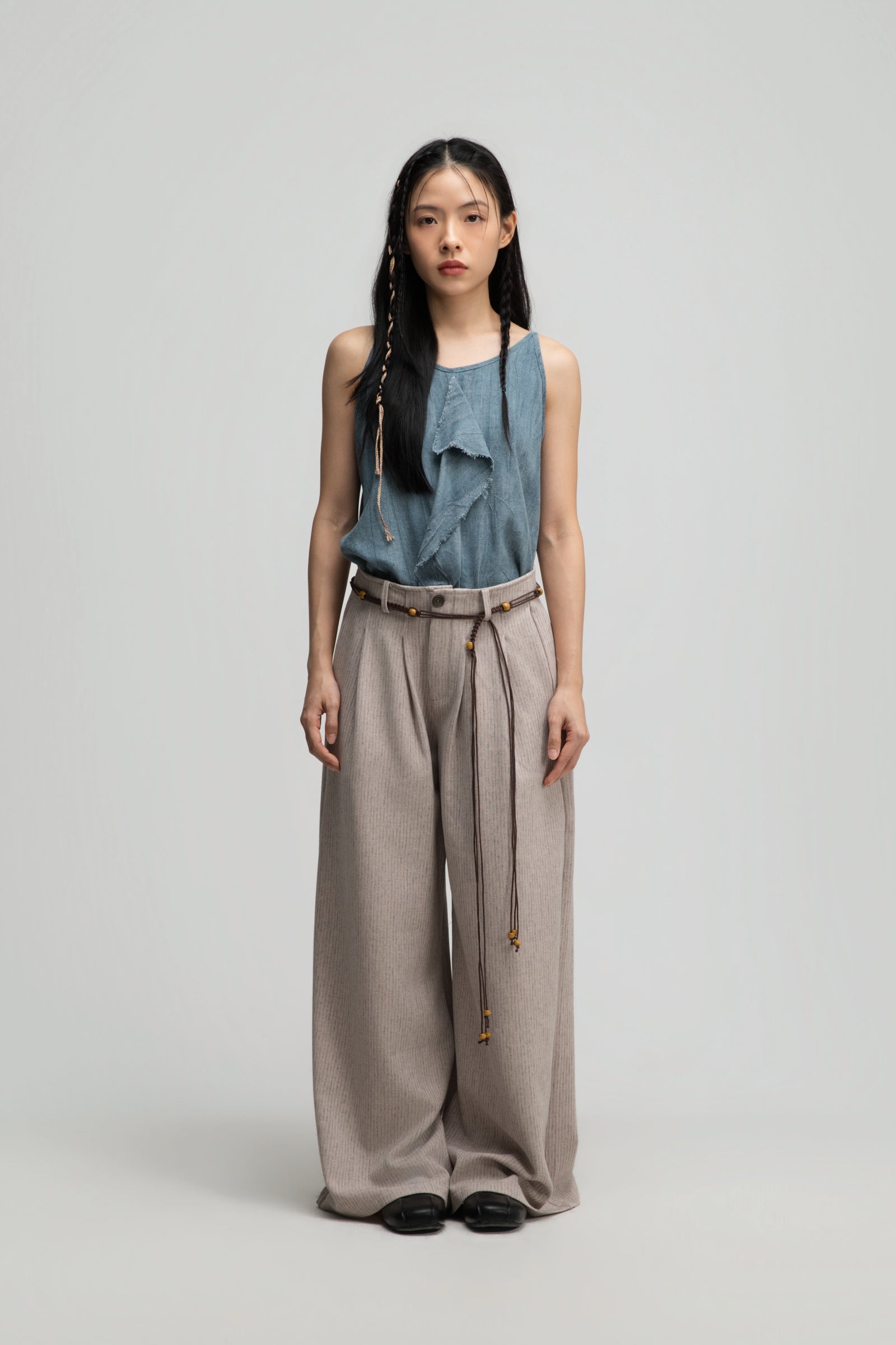 Straight Wide Trousers w/ Beaded Belt (Dark Beige)