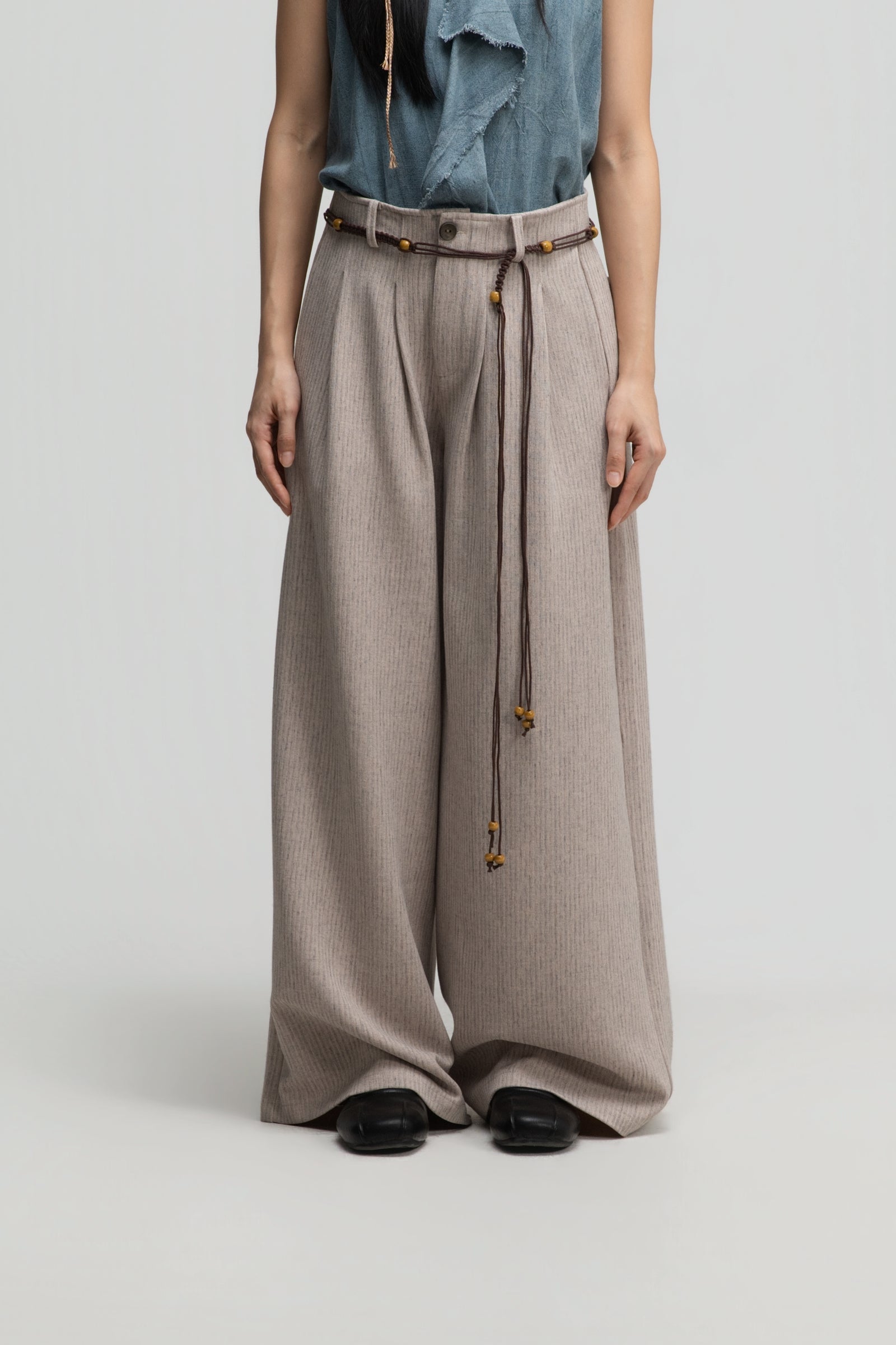 Straight Wide Trousers w/ Beaded Belt (Dark Beige)