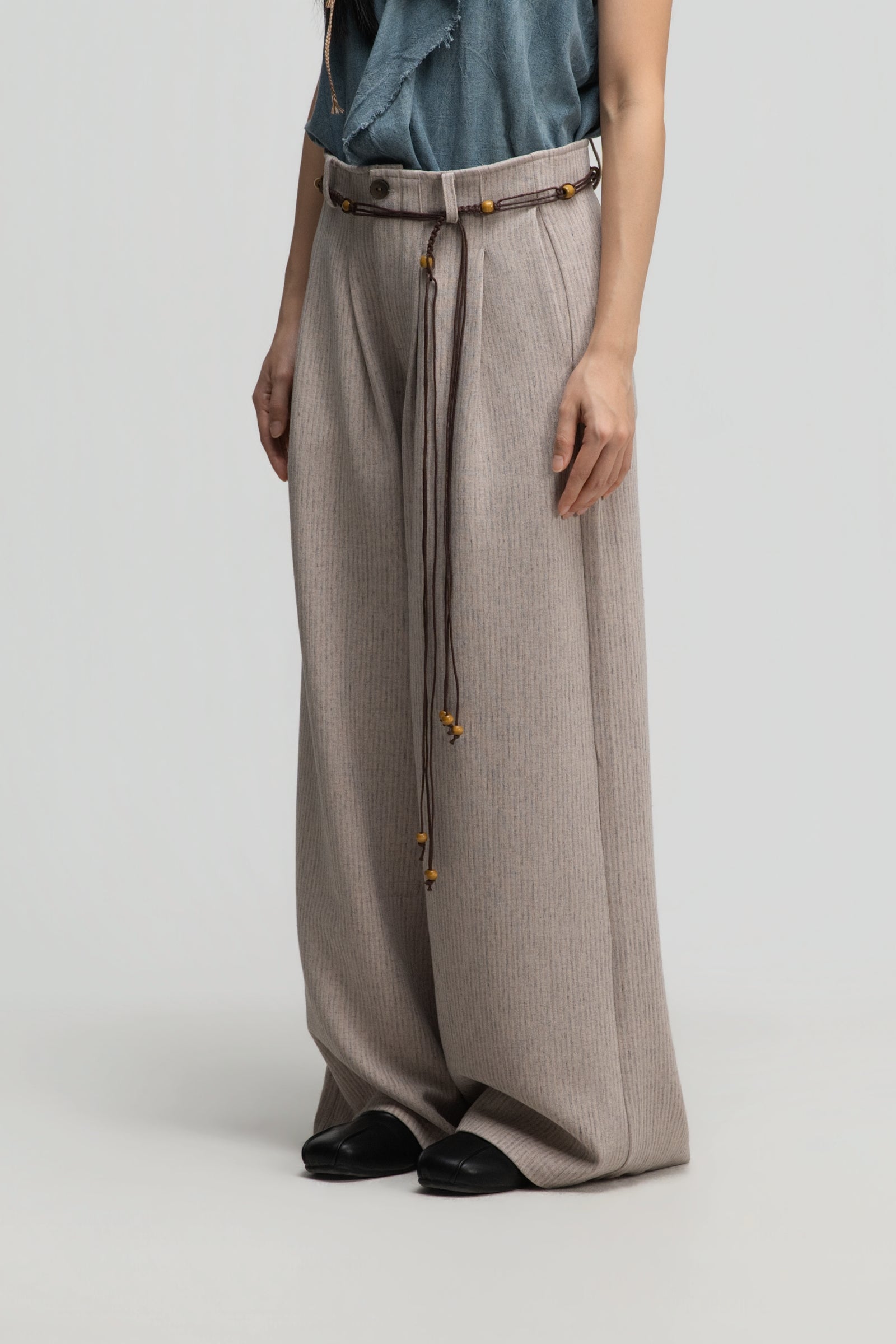 Straight Wide Trousers w/ Beaded Belt (Dark Beige)