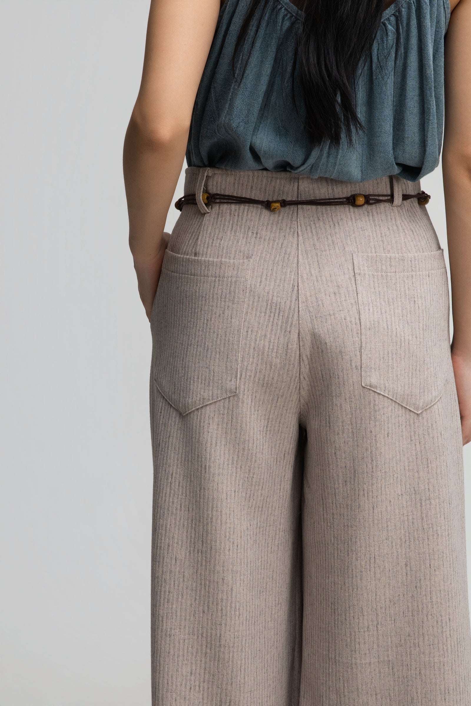 Straight Wide Trousers w/ Beaded Belt (Dark Beige)