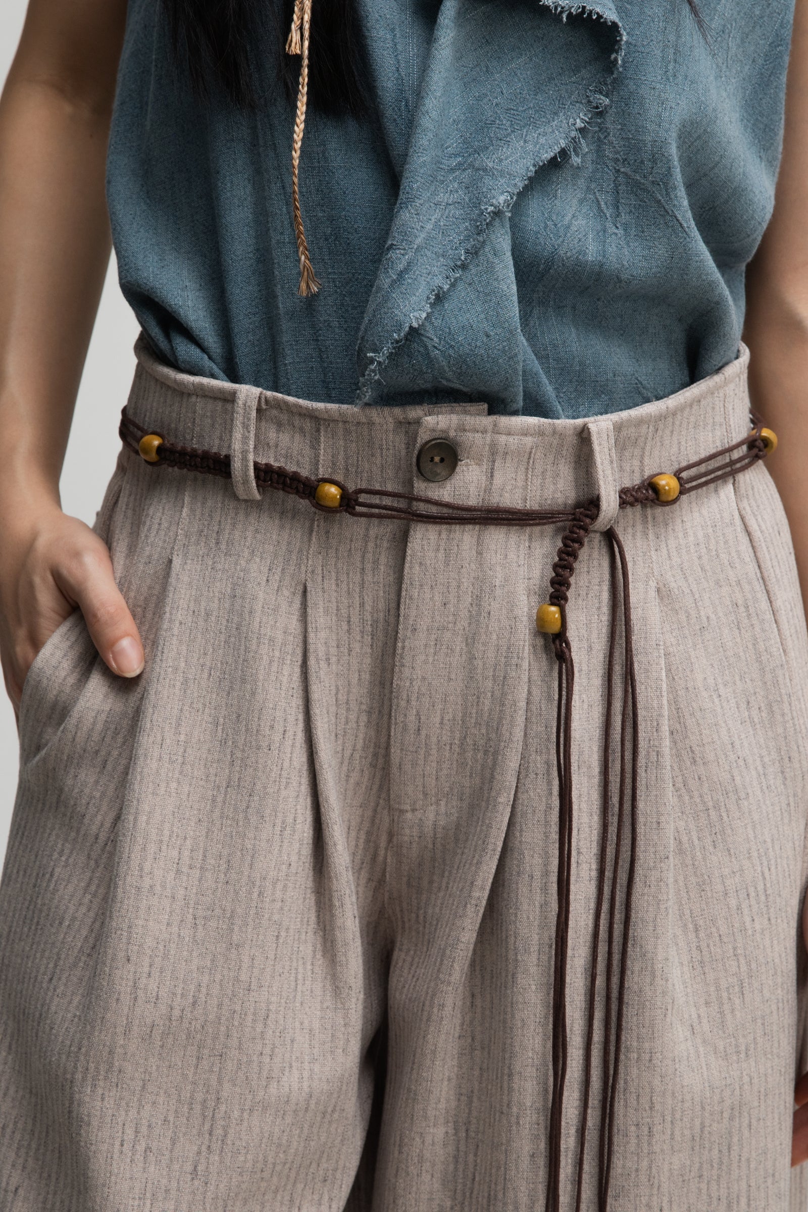 Straight Wide Trousers w/ Beaded Belt (Dark Beige)
