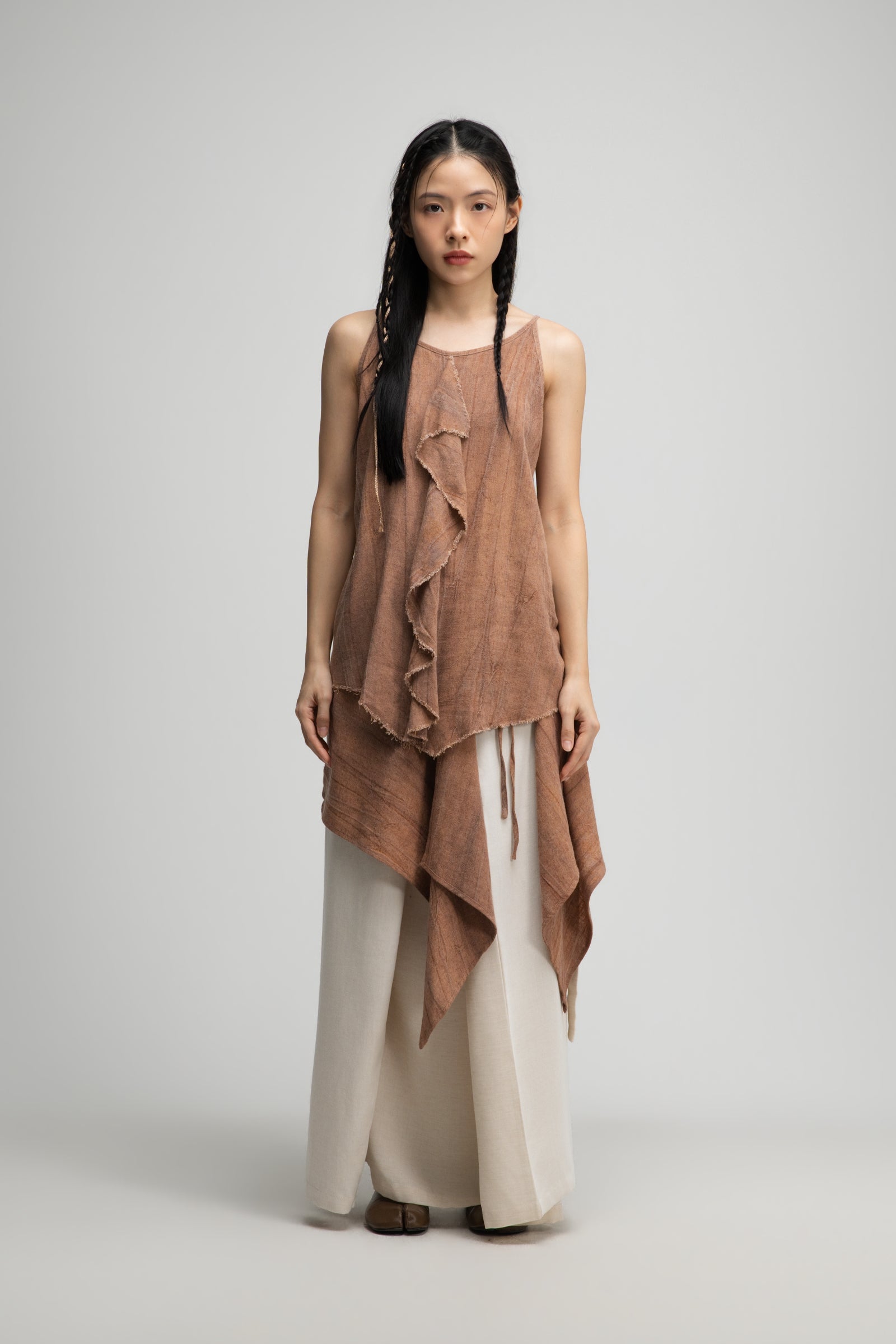 Front Drape Raw Hemp Cami Top (Tie Dye Rust)