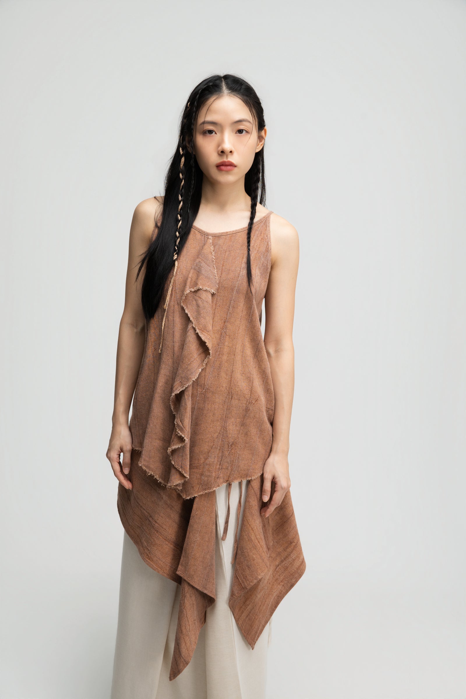 Front Drape Raw Hemp Cami Top (Tie Dye Rust)
