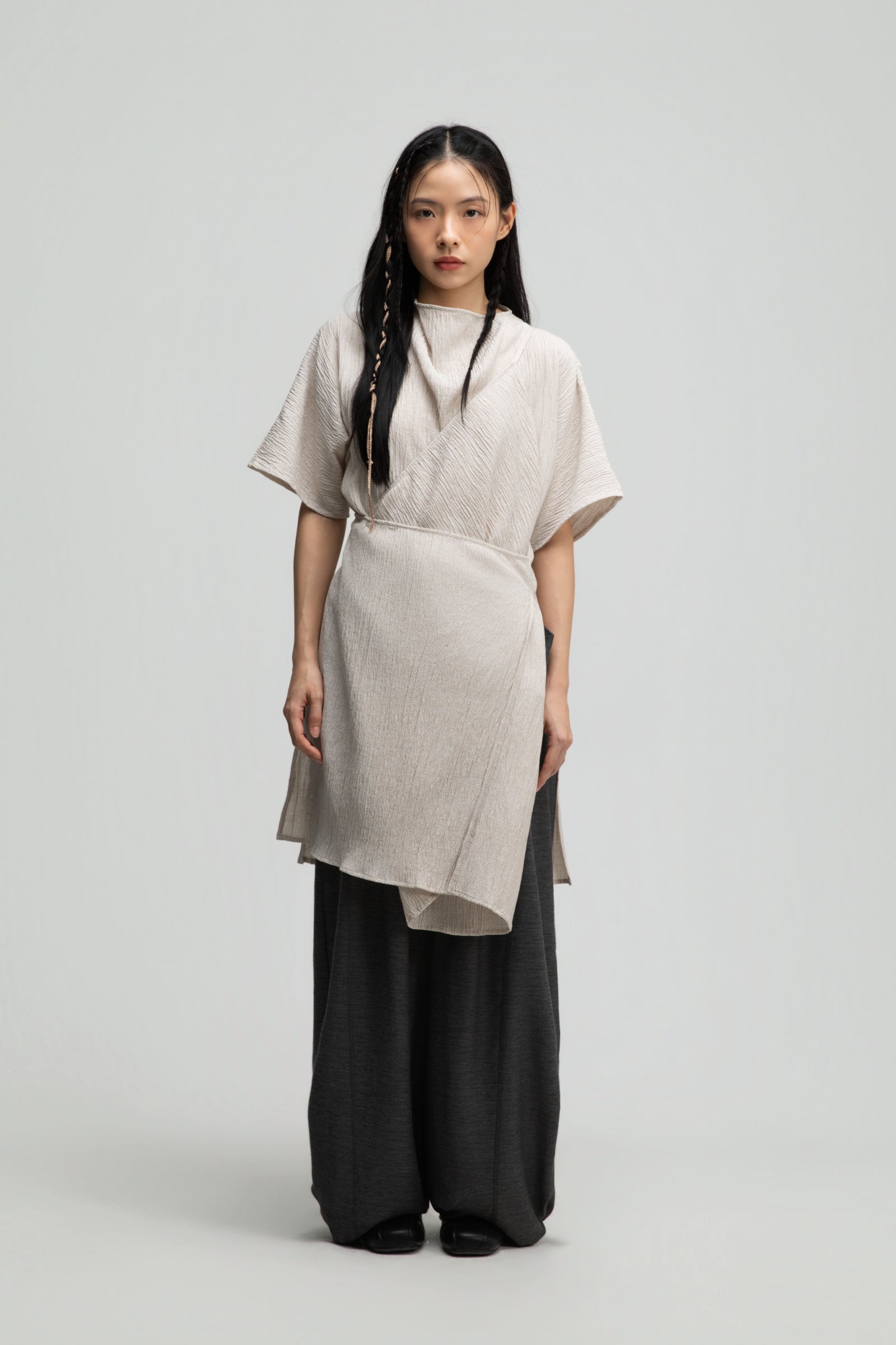 High Neck Wrap Longline Top (Beige)