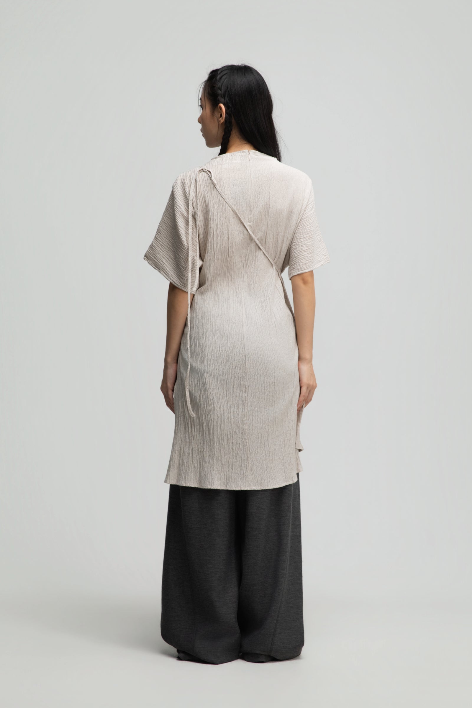 High Neck Wrap Longline Top (Beige)