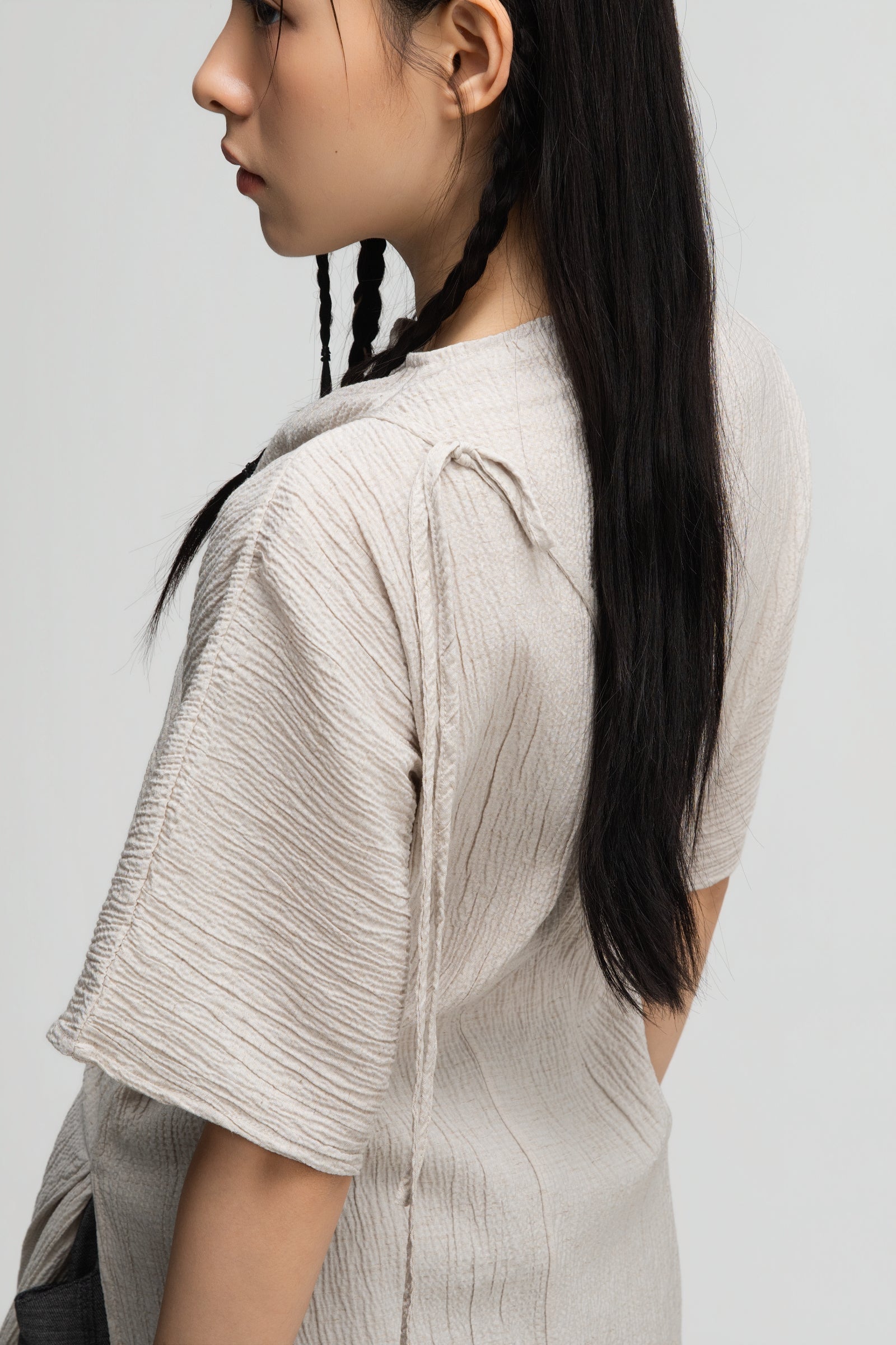 High Neck Wrap Longline Top (Beige)