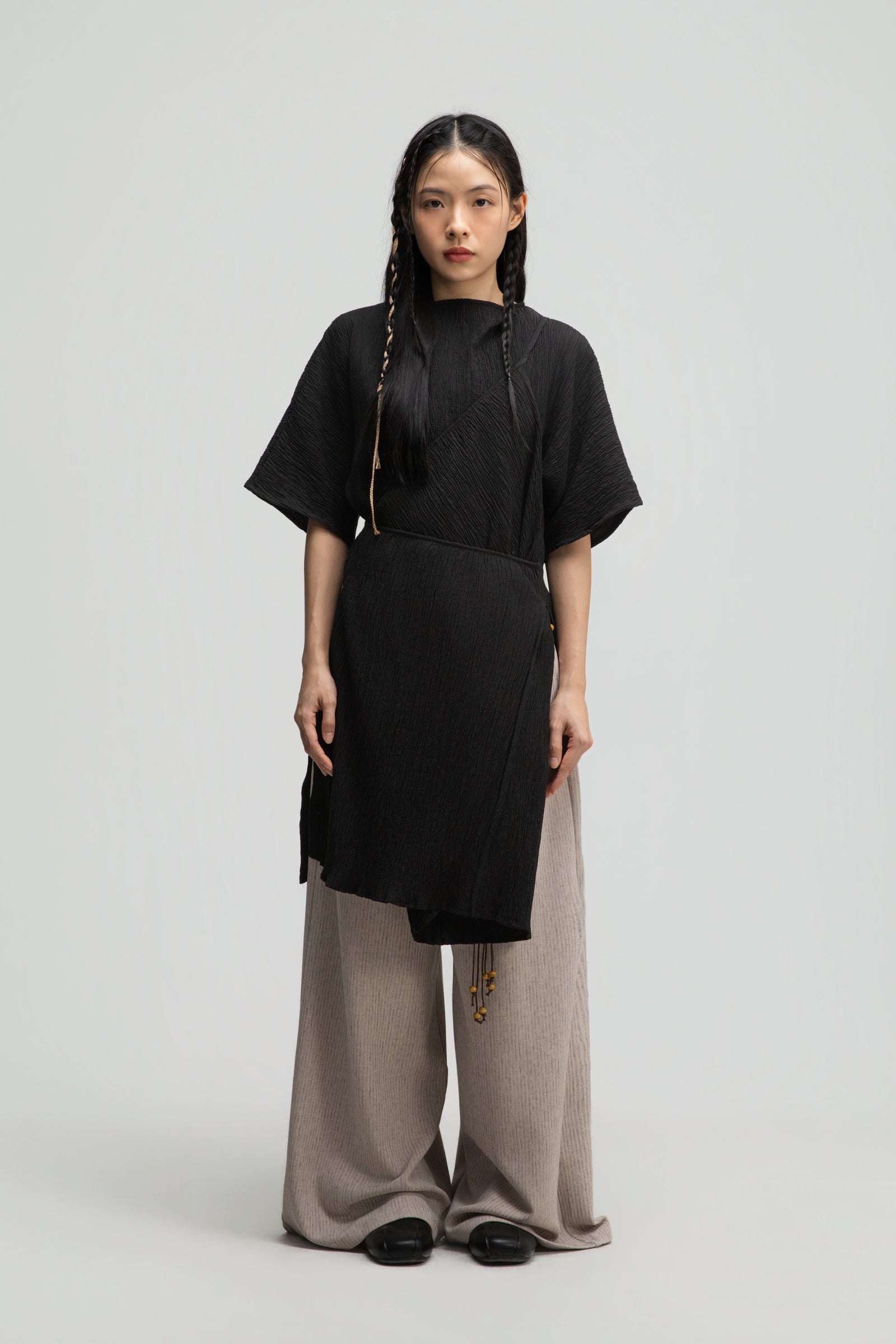 High Neck Wrap Longline Top (Black)
