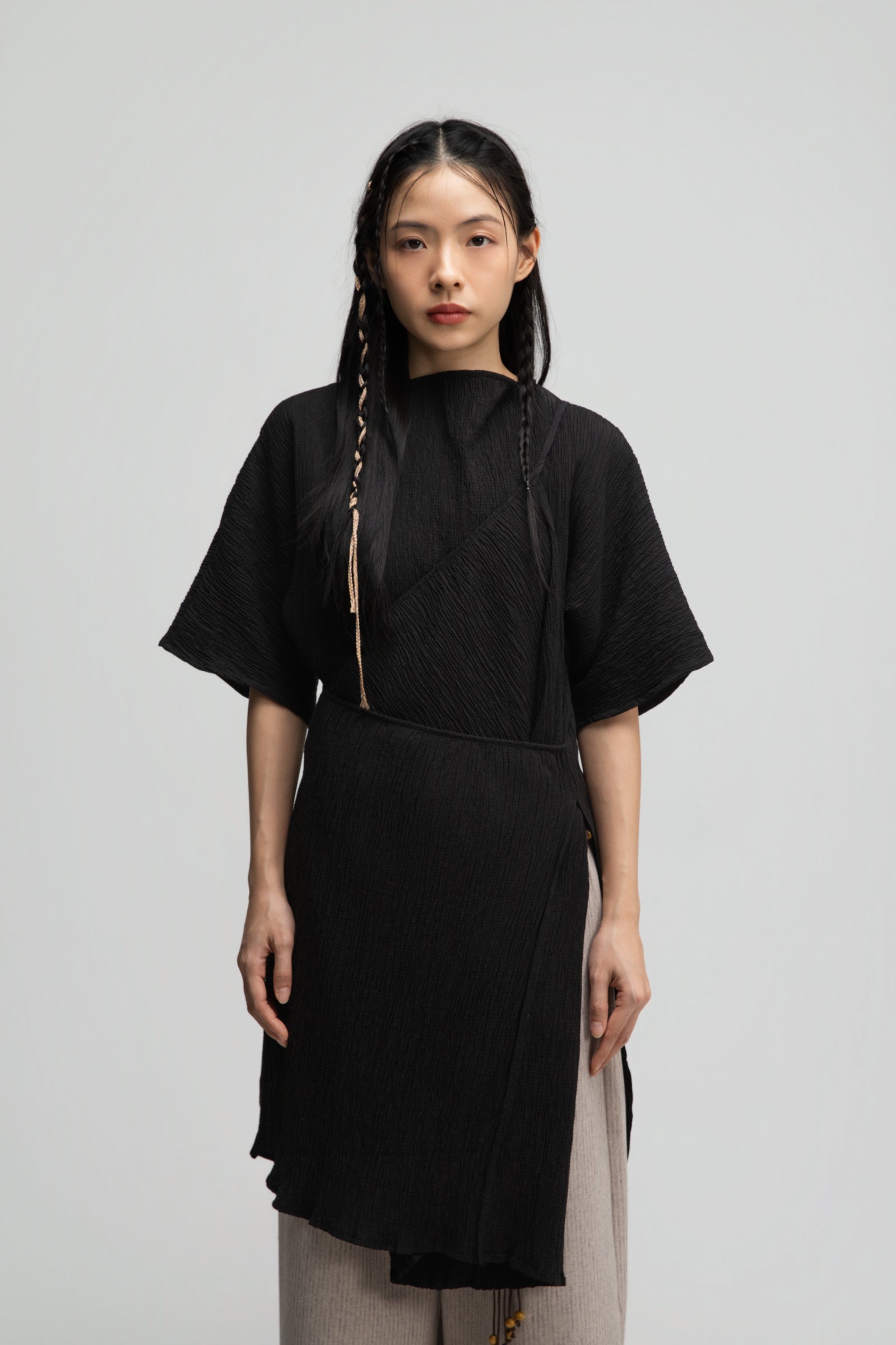 High Neck Wrap Longline Top (Black)
