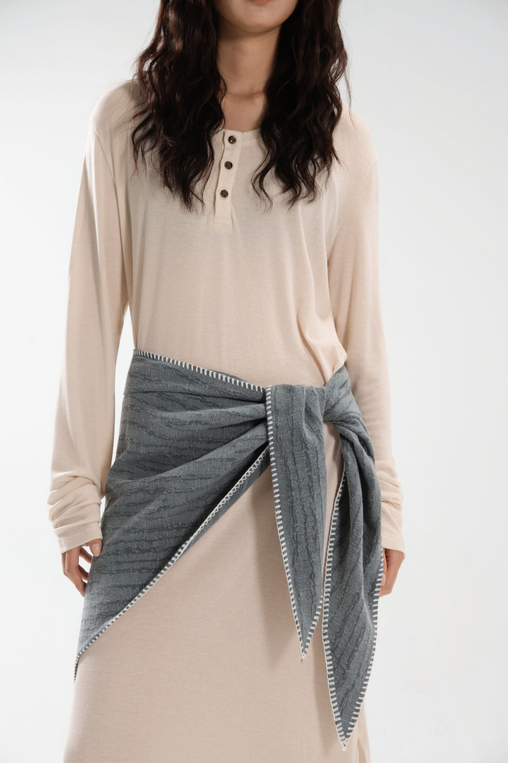 Lazy Thin Knit Long Sleeve Button Dress w/ Large Tri Scarf (Beige w/ Aged Teal)