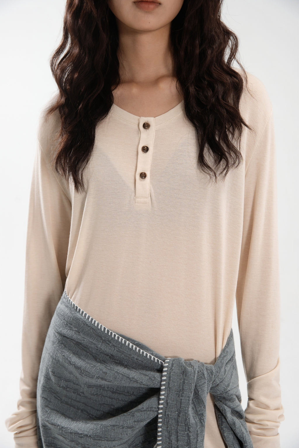Lazy Thin Knit Long Sleeve Button Dress w/ Large Tri Scarf (Beige w/ Aged Teal)