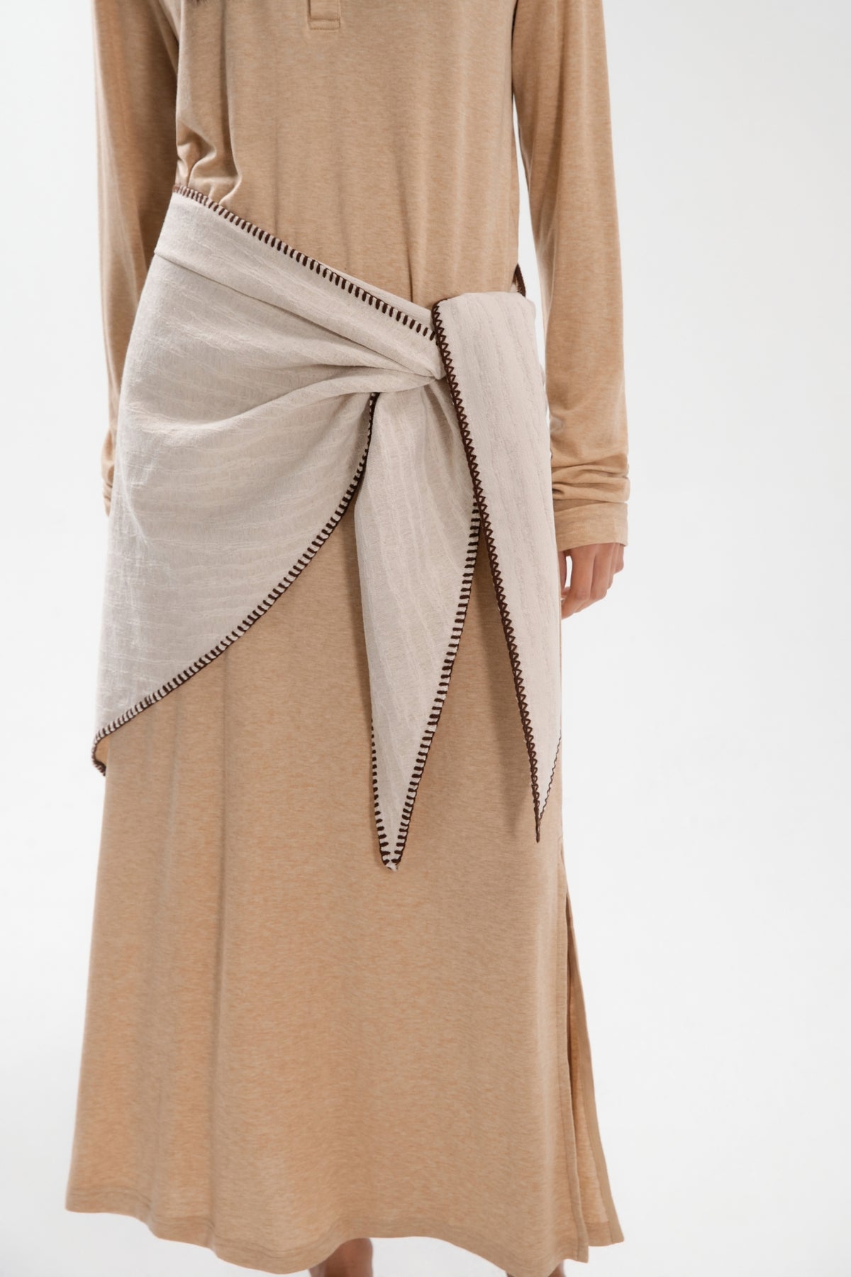 Lazy Thin Knit Long Sleeve Button Dress w/ Large Tri Scarf (Khaki w/ Aged Beige)