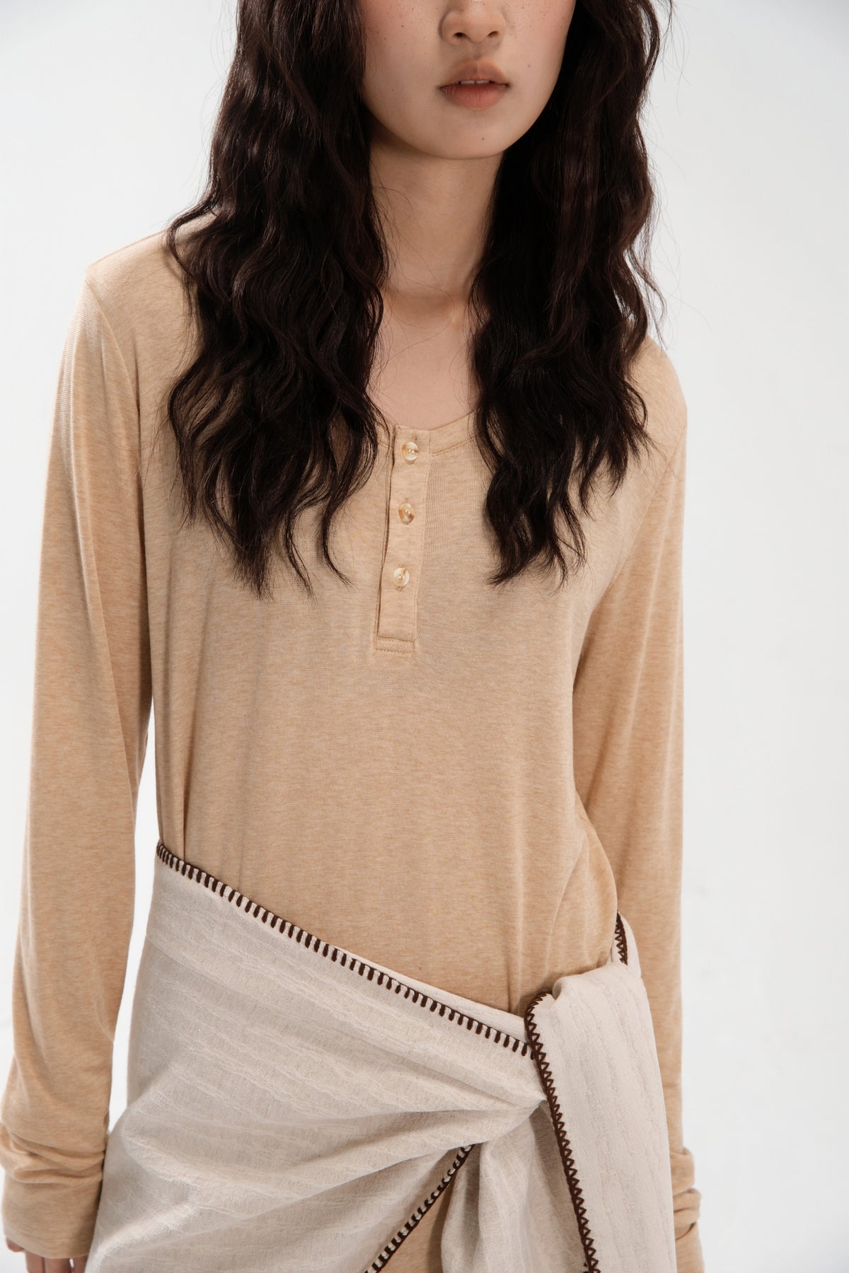 Lazy Thin Knit Long Sleeve Button Dress w/ Large Tri Scarf (Khaki w/ Aged Beige)