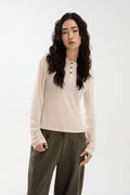 Lazy Thin Knit Long Sleeve Button Top (Beige)