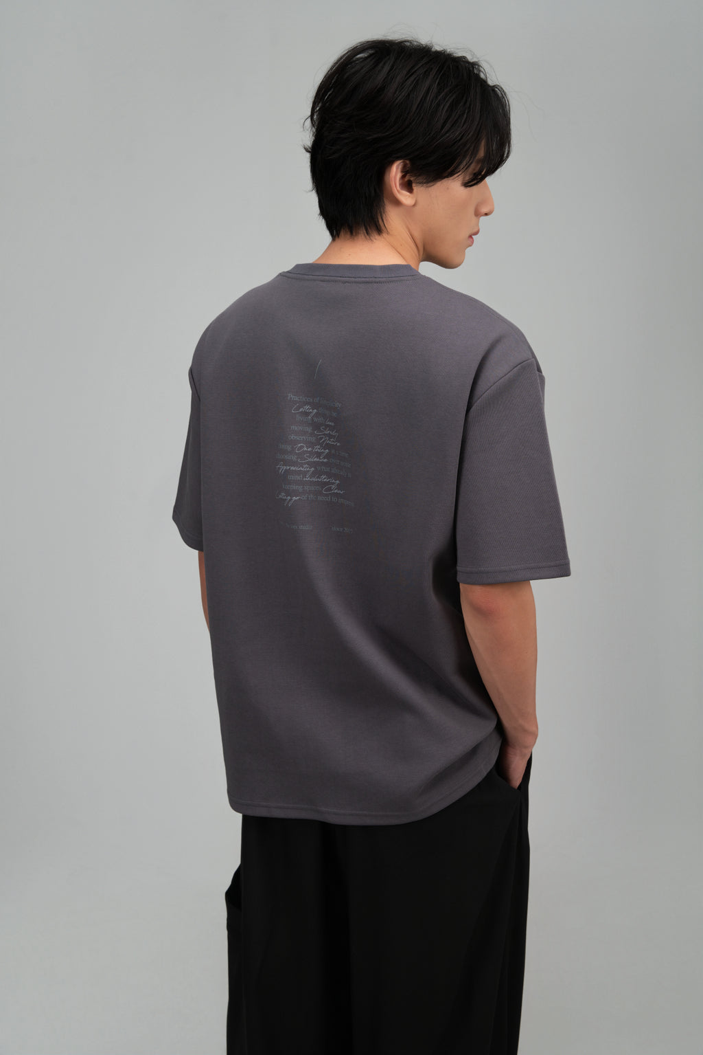 Gender Neutral Boxy Tee 'Practices of Simplicity' (Dark Grey)