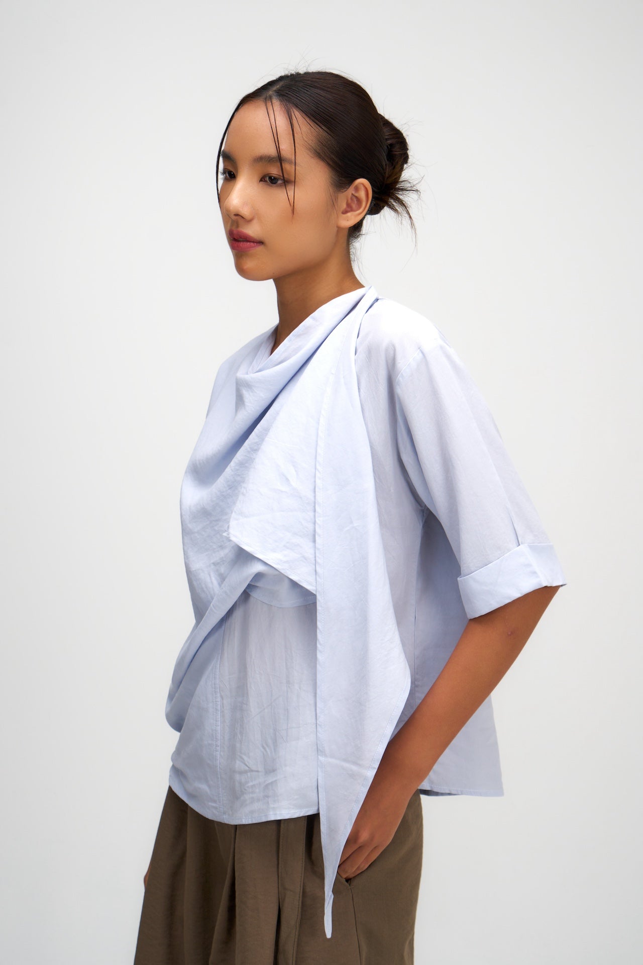 Neck-Scarf Half Sleeve Blouse (Blue)
