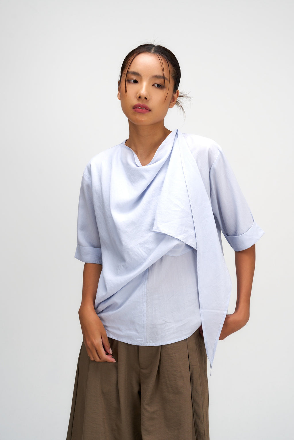 Neck-Scarf Half Sleeve Blouse (Blue)