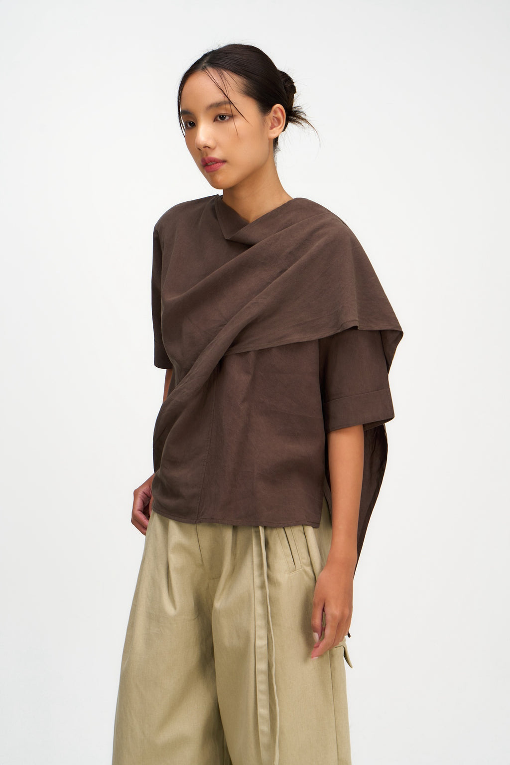 Neck-Scarf Half Sleeve Blouse (Brown)