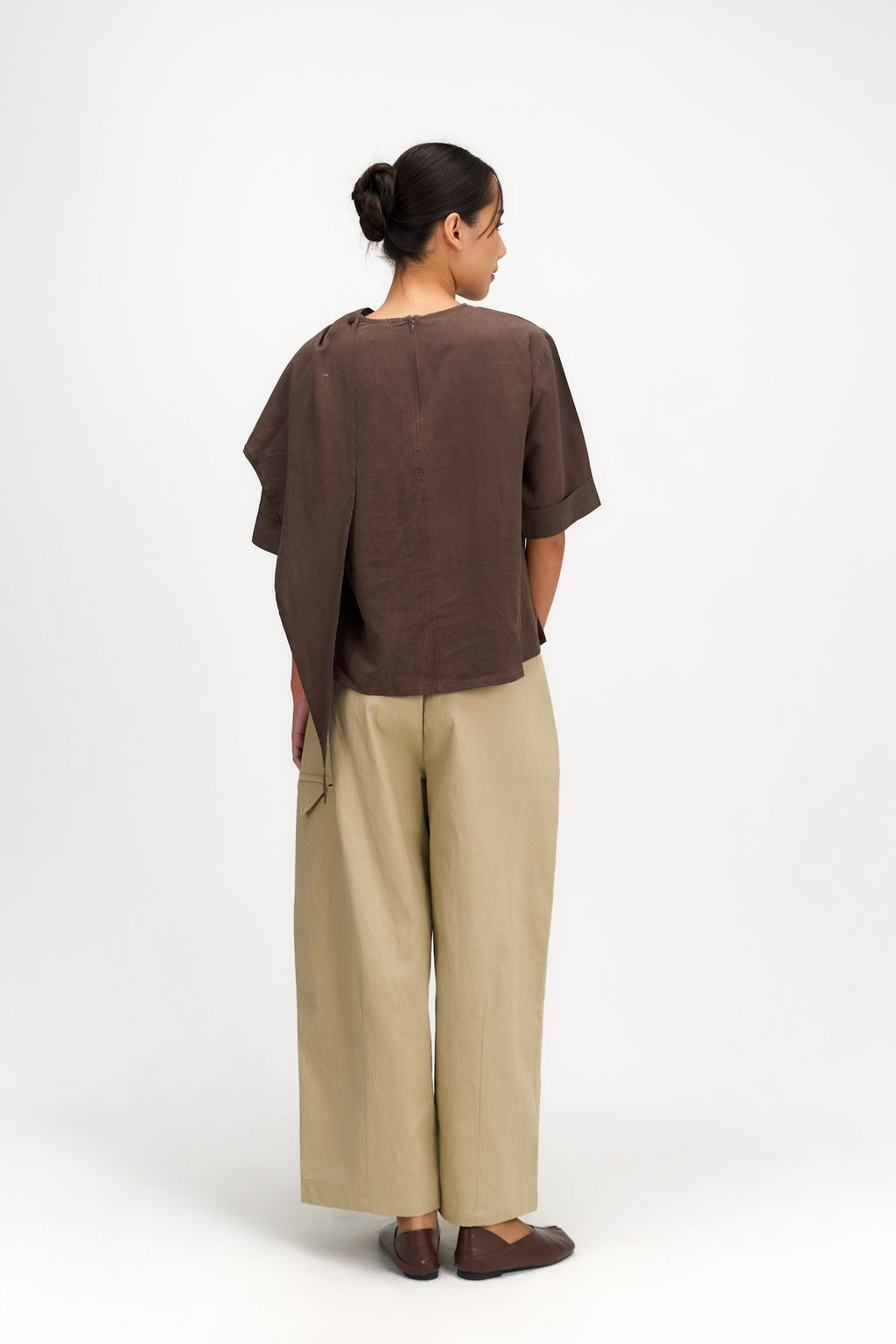 Neck-Scarf Half Sleeve Blouse (Brown)
