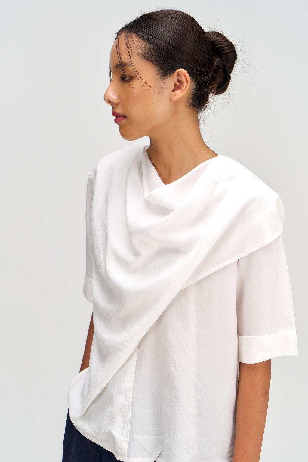 Neck-Scarf Half Sleeve Blouse (White)