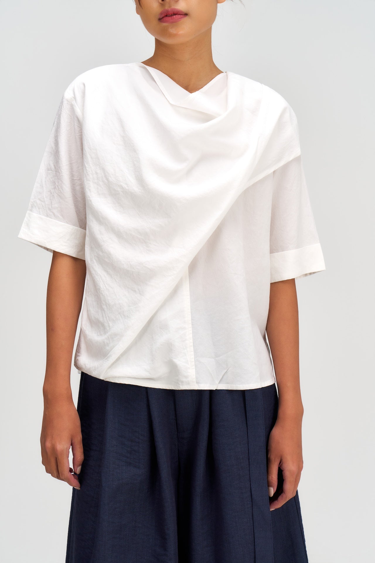 Neck-Scarf Half Sleeve Blouse (White)