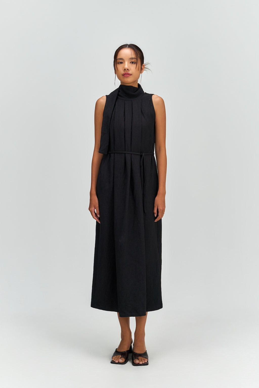 Pleated High Neck Scarf Dress (Black)