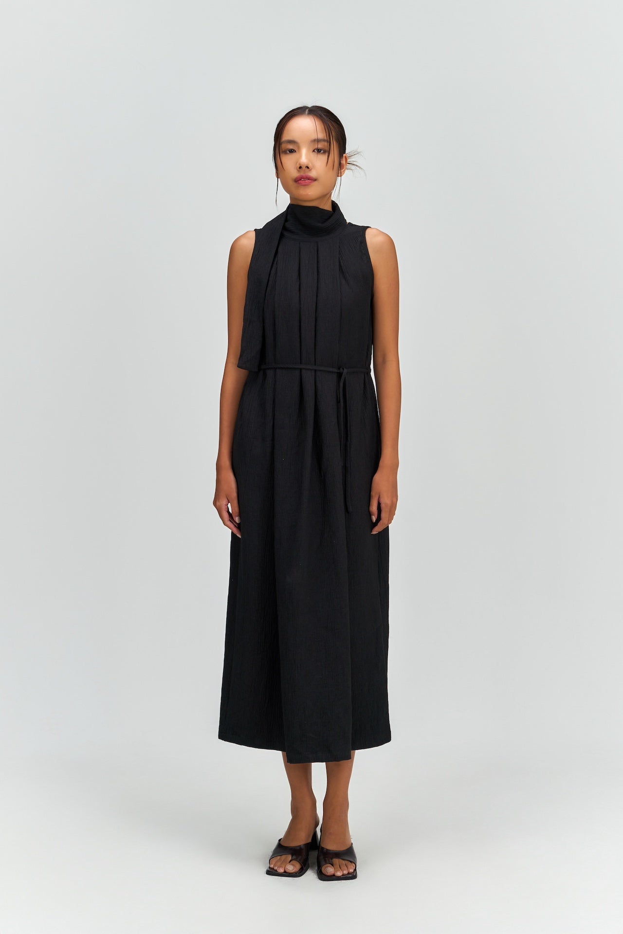 Pleated High Neck Scarf Dress (Black)