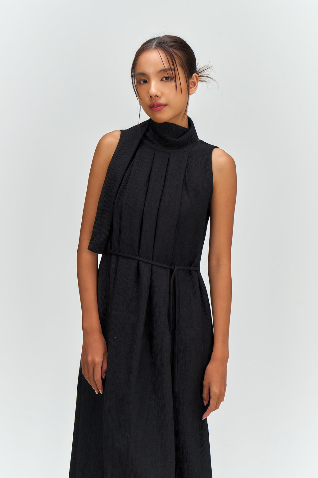 Pleated High Neck Scarf Dress (Black)