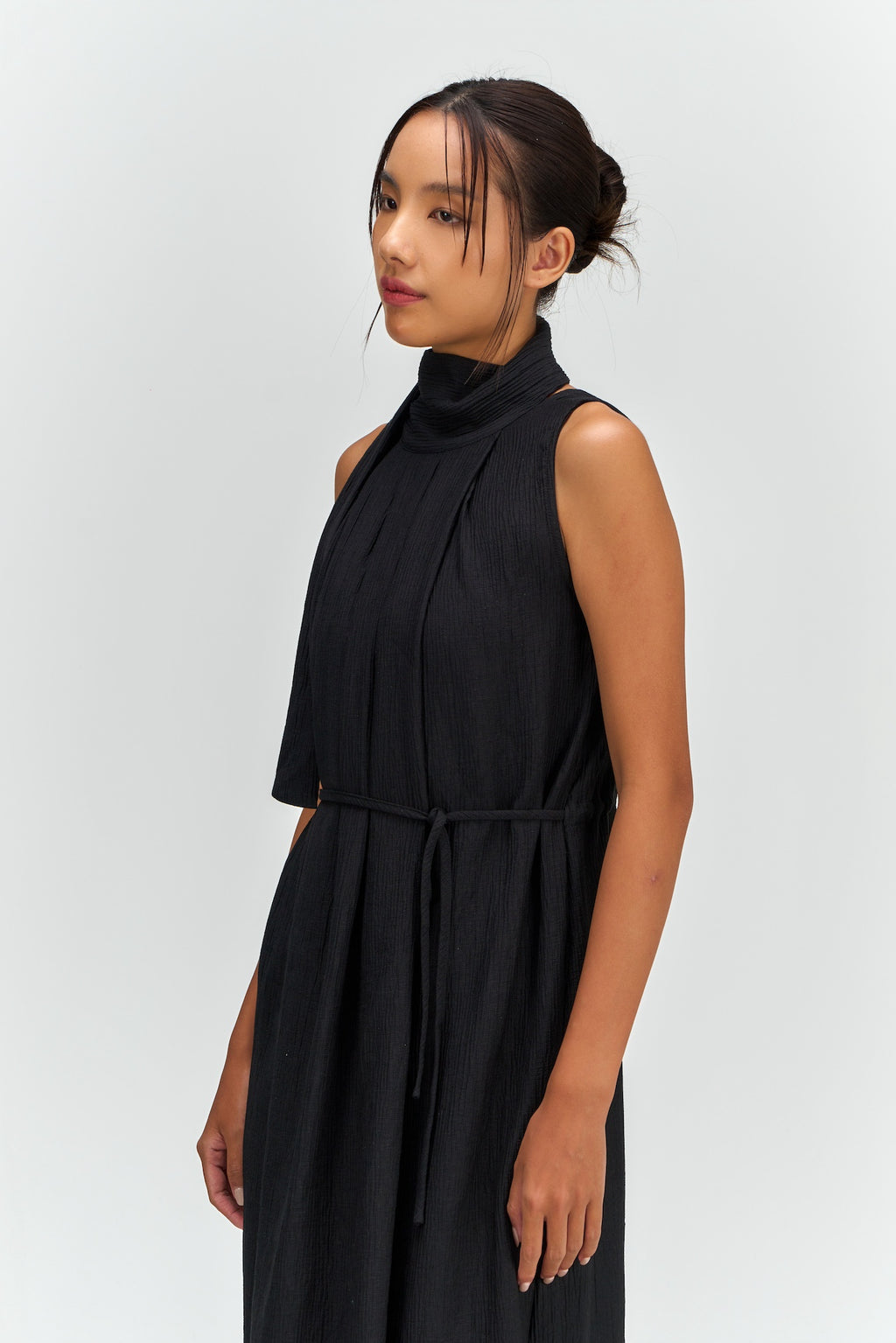Pleated High Neck Scarf Dress (Black)