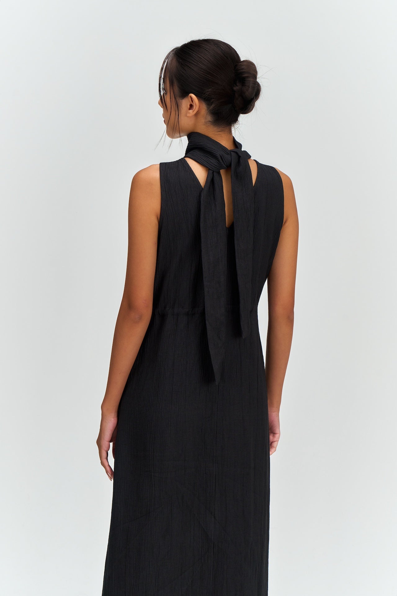Pleated High Neck Scarf Dress (Black)