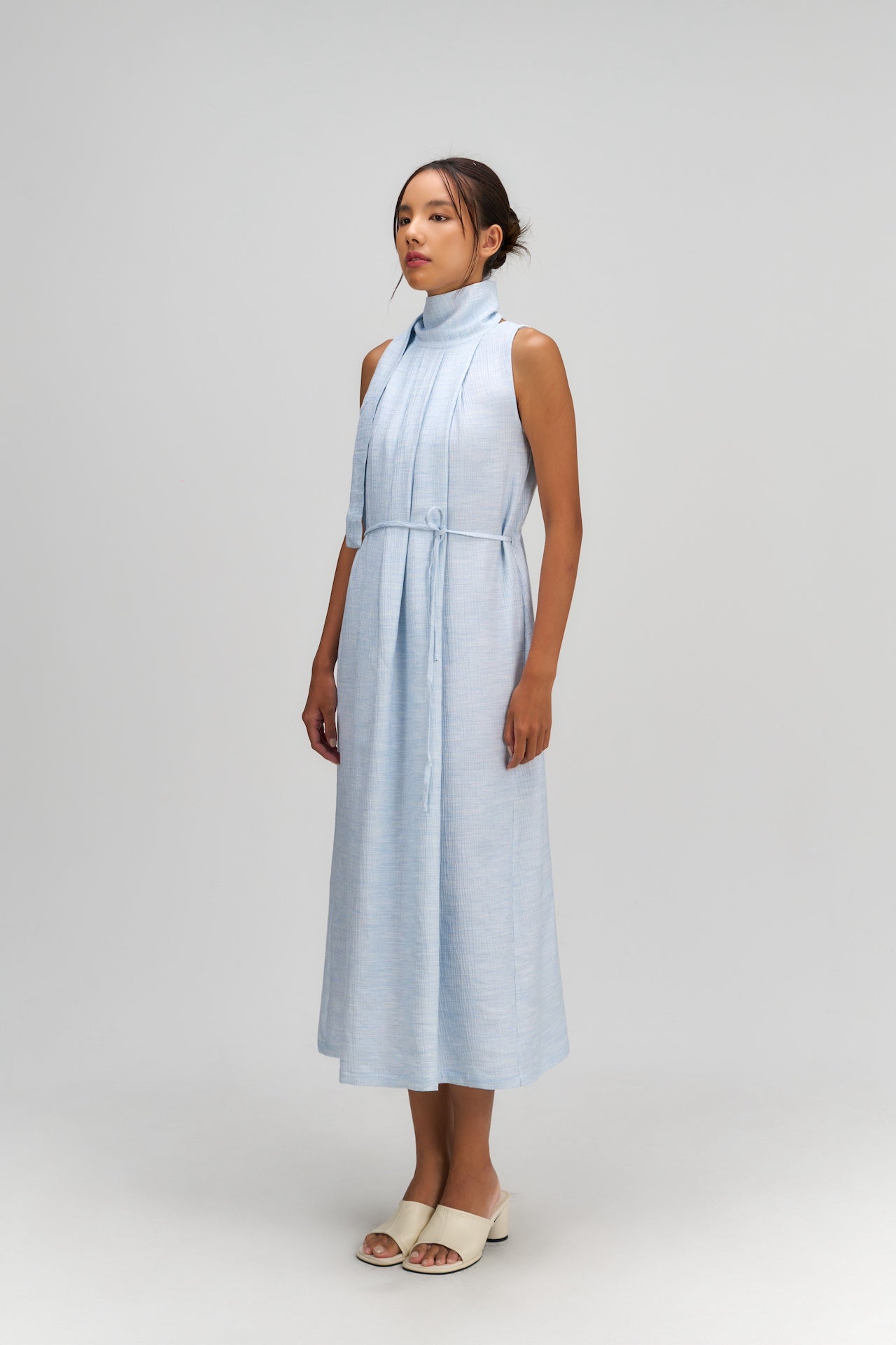 Pleated High Neck Scarf Dress (Blue)