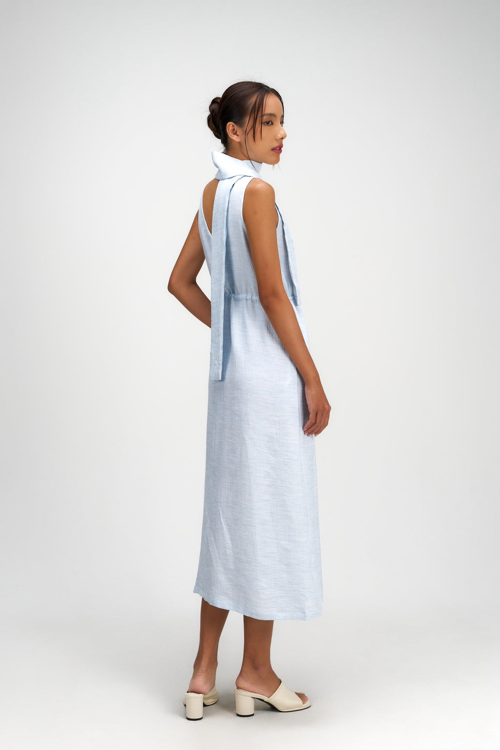 Pleated High Neck Scarf Dress (Blue)