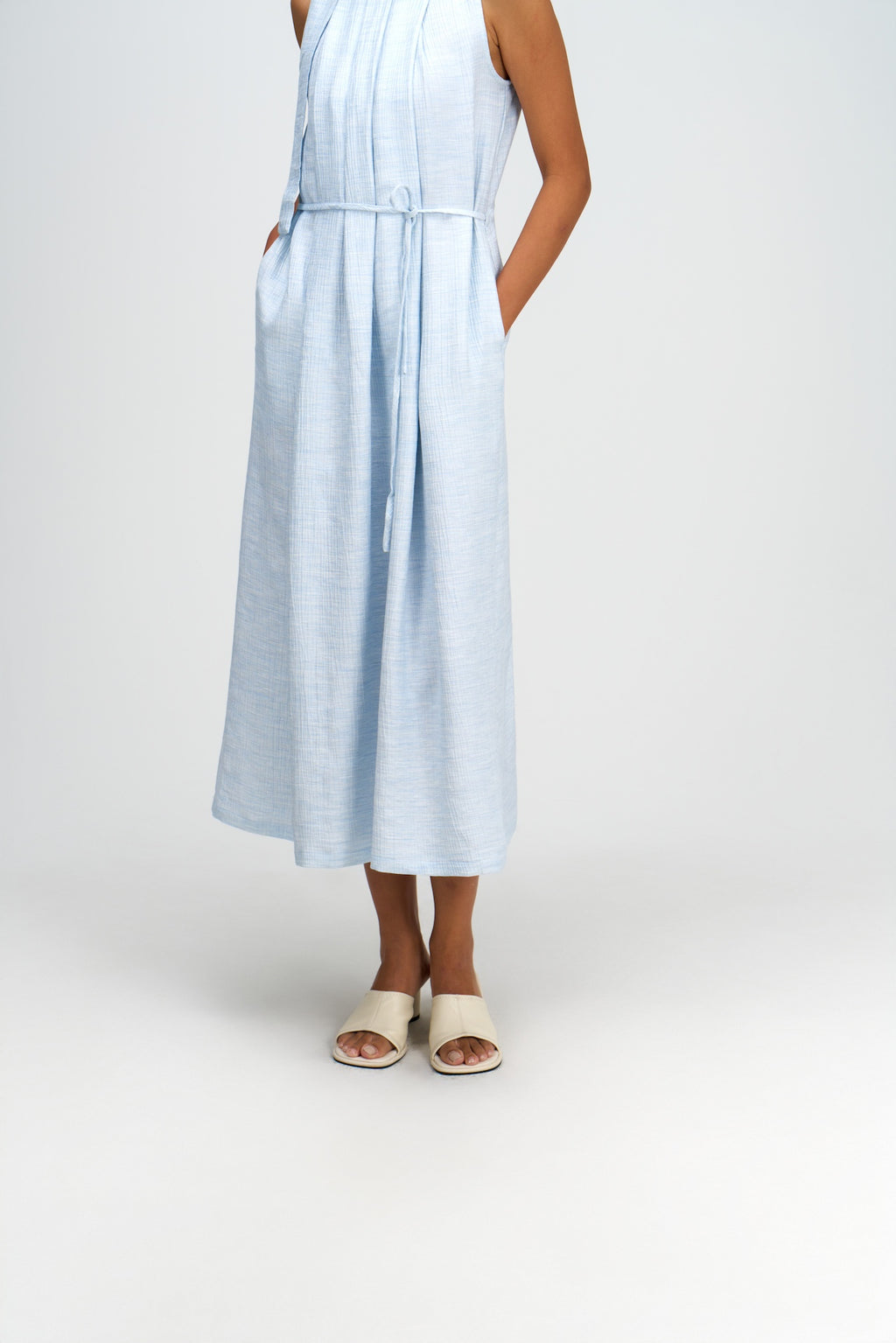 Pleated High Neck Scarf Dress (Blue)