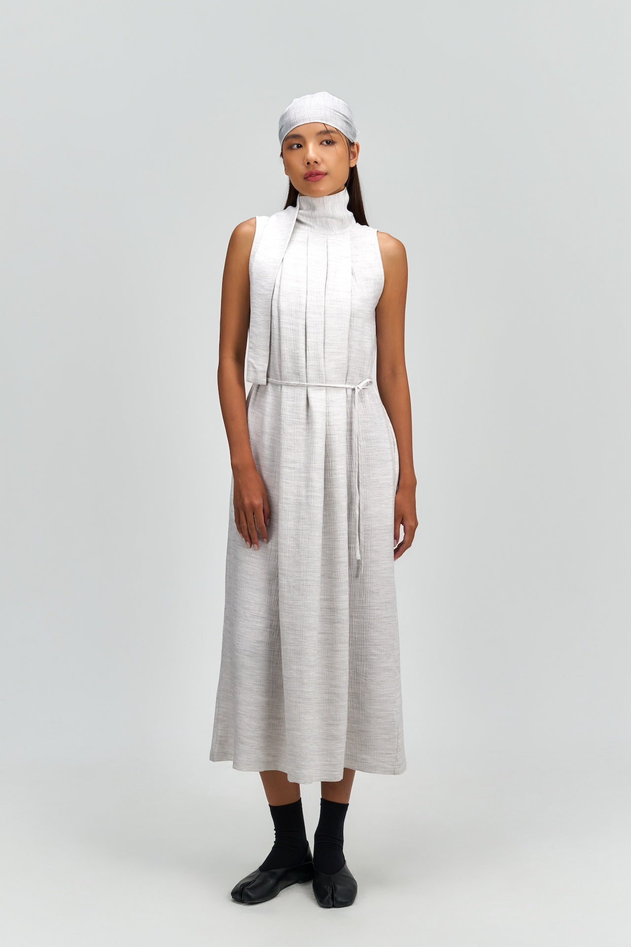 Pleated High Neck Scarf Dress (Grey)