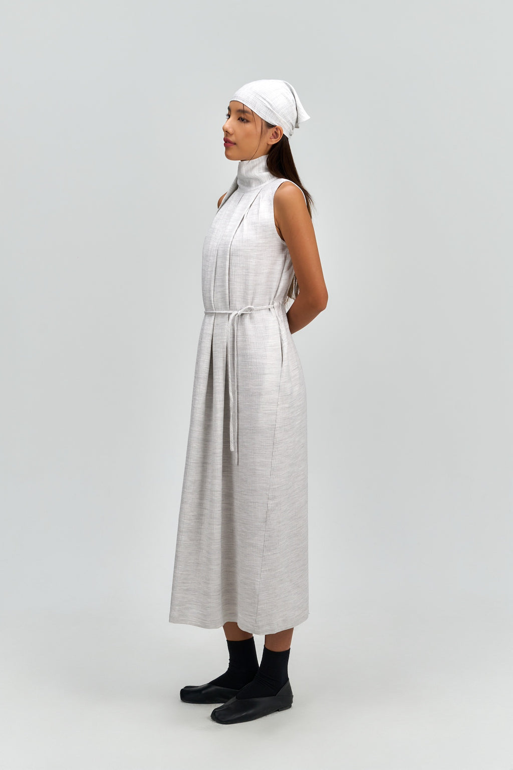 Pleated High Neck Scarf Dress (Grey)