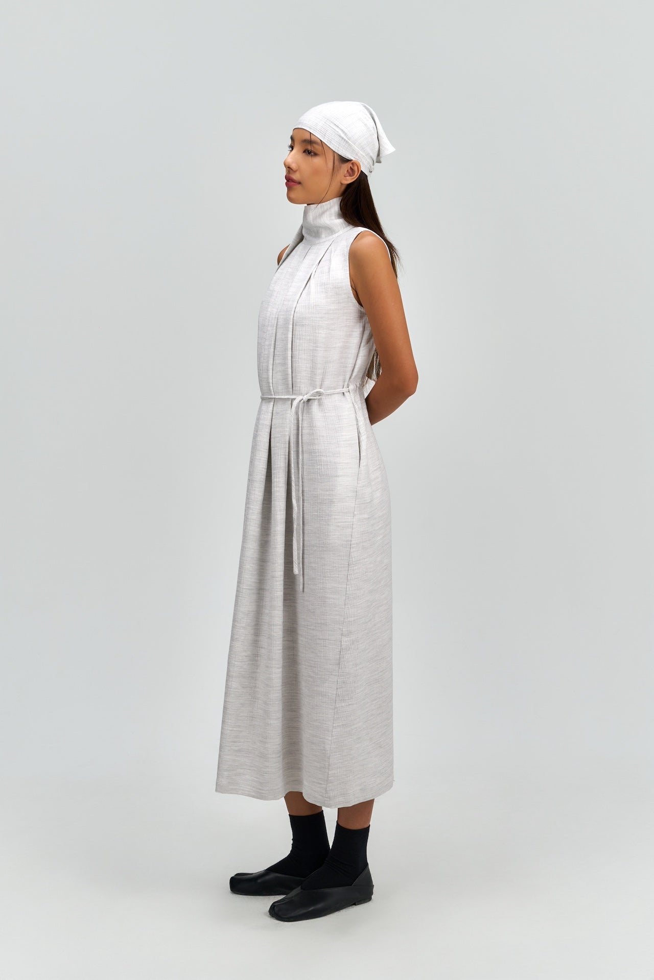 Pleated High Neck Scarf Dress (Grey)
