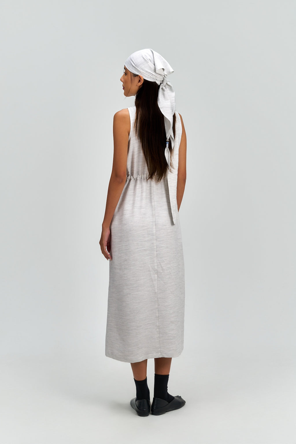 Pleated High Neck Scarf Dress (Grey)