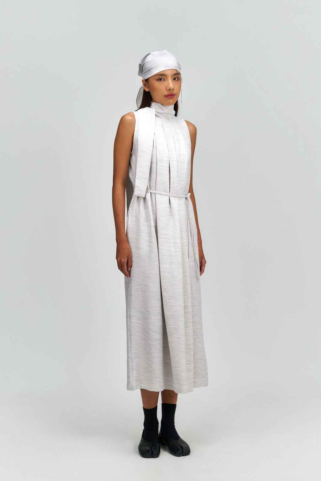 Pleated High Neck Scarf Dress (Grey)