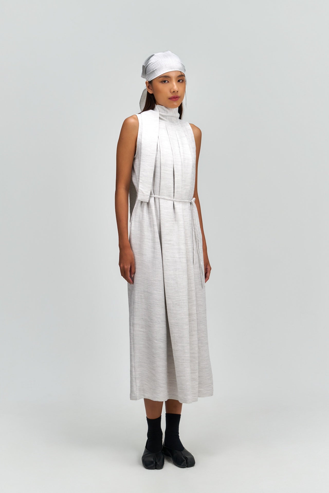 Pleated High Neck Scarf Dress (Grey)