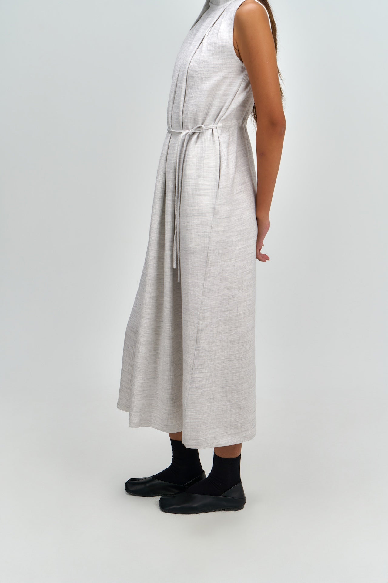 Pleated High Neck Scarf Dress (Grey)